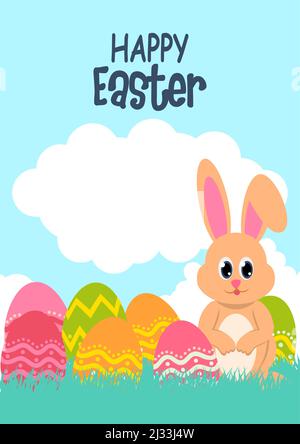 Simple flat vector illustration of a cute bunny with Easter eggs Stock Vector