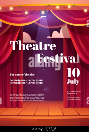 Theater festival cartoon poster with backstage red curtains and wooden scene with glowing spotlights and garland. Invitation flyer for theater or cine Stock Vector