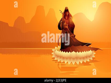 Vector illustration of Guanyin on lotus flower, Guanyin is a chinese goddess of Compassion, Mercy and Kindness, considered to be a mother goddess and Stock Vector