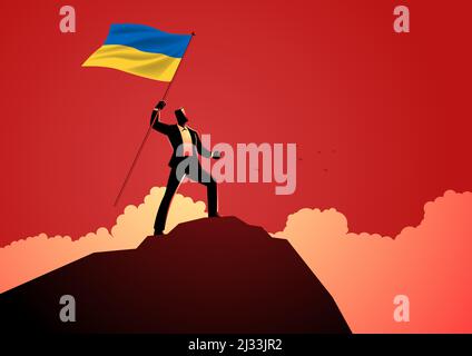 Vector illustration of a man optimistically standing on top of a mountain holding the flag of Ukraine Stock Vector