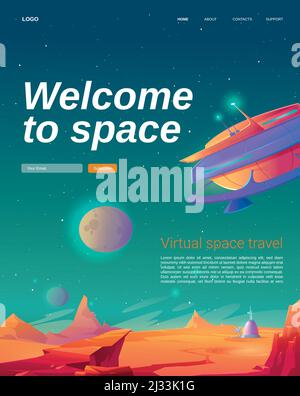 Welcome to space cartoon landing page with ufo spaceship on alien planet surface. Virtual travel to universe, galaxy explore futuristic educational te Stock Vector