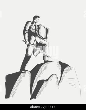 Business concept sketch of an optimistic businessman holding a sword and shield standing on top of a mountain,  preparation, protection, precaution in Stock Vector