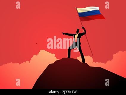 Vector illustration of a man optimistically standing on top of a mountain holding the flag of Russia Stock Vector