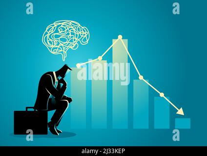 Businessman sitting on his briefcase with a tangled mind, vector illustration Stock Vector