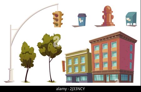Cityscape elements with residential buildings, traffic light, fire hydrant, trash can and mailbox. Vector cartoon set of city street, houses, green tr Stock Vector