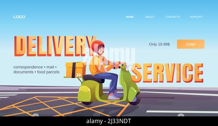 Delivery service cartoon landing page, man on scooter deliver box. Correspondence, mail, documents, food, parcels express shipping, order transportati Stock Vector