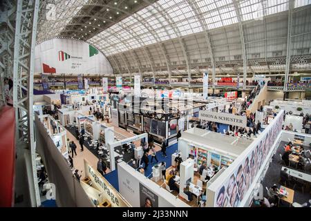 London, UK. 5th Apr, 2022. London Book Fair Returns to Olympia. The London Book Fair's first day offered endless delights for bookworms of all descriptions with displays from Ukraine and Sharjah with traditional dancers to Palestinian poetry and Miss Elizabeth Bennett and Mr Darcy from Jane Austen's 'Pride and Prejudice'. Credit: Peter Hogan/Alamy Live News Stock Photo