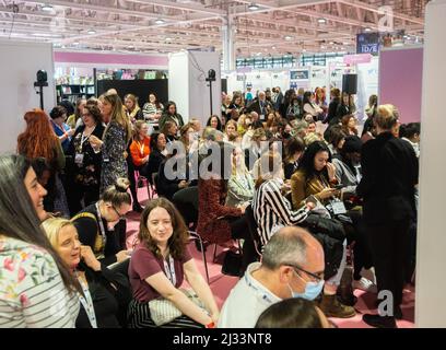 London, UK. 5th Apr, 2022. London Book Fair Returns to Olympia. The London Book Fair's first day offered endless delights for bookworms of all descriptions with displays from Ukraine and Sharjah with traditional dancers to Palestinian poetry and Miss Elizabeth Bennett and Mr Darcy from Jane Austen's 'Pride and Prejudice'. Credit: Peter Hogan/Alamy Live News Stock Photo