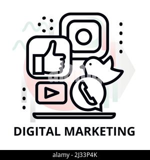 Modern flat thin line design vector illustration, concept of digital marketing on abstract background, for graphic and web design Stock Vector