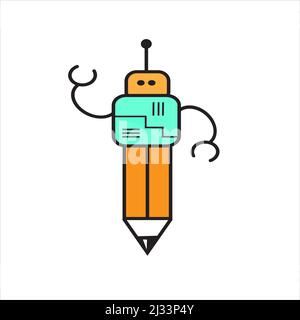 Cartoon robot cute character pencil graphic  illustration on white background. suitable for copy writing, blogging, translator tool or services, etc. Stock Photo