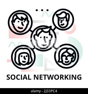 Modern flat thin line design vector illustration, concept of social networking on abstract background, for graphic and web design Stock Vector
