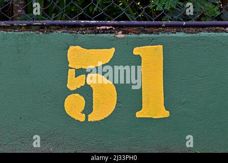 Number 51 painted in yellow on a green wall Stock Photo