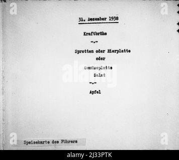 31. Dezember 1938KraftbrüheSprotten oder EierplatteroderGemuseplatterSalatApfelSpeisekarte des Führers -  31. December 1938ConsomméSprats or Egg PlatterorVegetable PlatterSaladAppleMenu of the Führer. Eva Braun's Photo Albums, ca. 1913 - ca. 1944. These albums are attributed to Eva Braun (four are claimed by her friend Herta Schneider, nee Ostermeyer) and document her life from ca. 1913 to 1944. There are many photographs of Eva, her sisters and their children, Herta Schneider and her children, as well as photographs of Eva's vacations, family members and friends. Included also are photographs Stock Photo