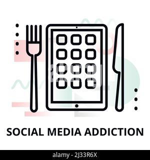 Modern flat thin line design vector illustration, concept of social media addiction on abstract background, for graphic and web design Stock Vector