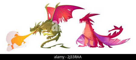 Fairy tale dragons, magic creature with tail and wings. Vector cartoon ...