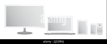 Set of white gadgets and computer devices in front side on white background. Realistic vector illustration, for graphic and web design Stock Vector