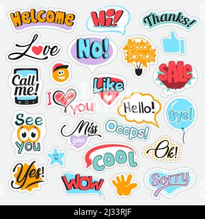 Set of speech bubbles with different words for communication in social media. Isolated vector illustration. Stock Vector