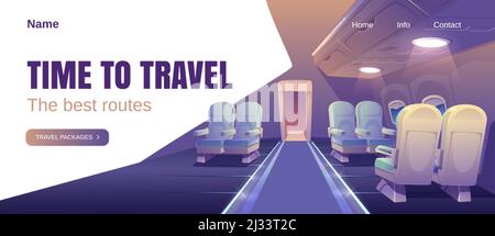 Time to travel banner. Concept of airline journey with best routes for vacation. Vector landing page with cartoon luxury interior of business class pl Stock Vector