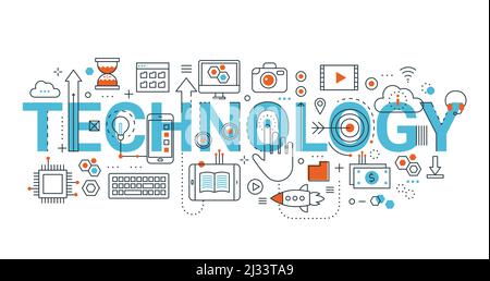 Modern flat thin line design vector illustration, concept of technology, for graphic and web design Stock Vector