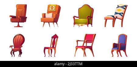 Armchairs for office and home interior isolated on white background. Vector cartoon set of wooden chairs with arms, comfortable seats for living room. Stock Vector
