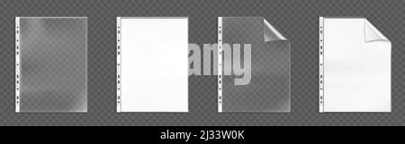 Plastic punched pockets, empty folders with folded corner and holes, bags with white blank sheets isolated on transparent background. Waterproof envel Stock Vector