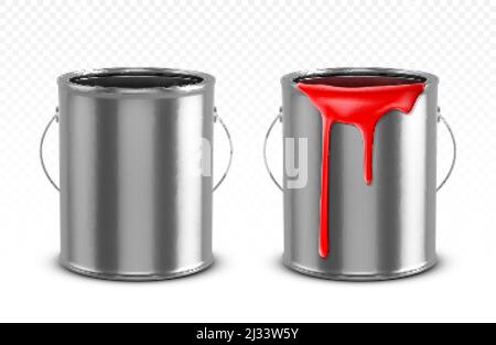 Paint can, tin bucket with red dripping drops, empty and filled metal pots, silver colored containers with dye for renovation works isolated on transp Stock Vector
