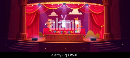 Puppet theater on stage, funny dolls perform show for children on scene with red curtains, stairs and illumination. Hand toys dog, rabbit and fox thea Stock Vector