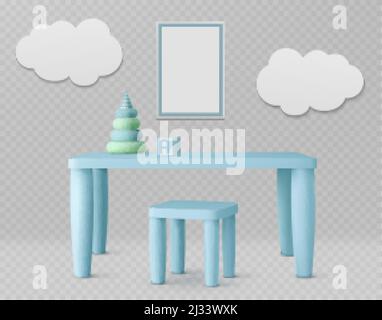 Child room with kids table, chair, white poster and clouds on wall. Vector realistic set of furniture for playroom or kindergarten, blue desk with pyr Stock Vector