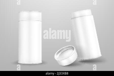 White paper tube, cardboard cylinder box with closed and open cap. Vector realistic mockup of carton round container, blank package tubus for food iso Stock Vector