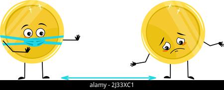 Cute golden coin character with emotions of hero, brave face, arms and ...