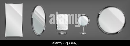 3d mirrors, make up table and wall decorative glasses in round, oval and rectangular frames. Makeup or interior furniture reflecting glass surfaces. R Stock Vector
