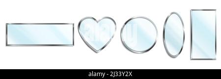 Mirrors in chrome frame in shape of circle, oval, heart and rectangle isolated on white background. Vector realistic set of glossy glass mirrors with Stock Vector