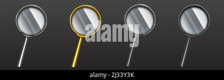 Magnifying glass in gold or silver rim and handle. Science tool with transparent lens, magnify instrument isolated on black background. Optical device Stock Vector