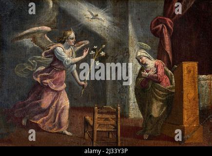 Mysteries of the Rosary, Annunciation  - oil on canvas  - Giovanni Cavagna -  between the 17th and the 18th century   - Bariano (Bg) , Italy, church o Stock Photo