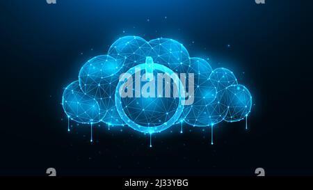 Polygonal vector illustration of a cloud with a power symbol on a dark blue background. The concept of cloud computing and data storage. Stock Vector