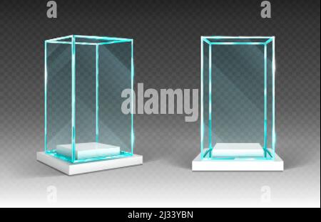 Glass showcase, display, exhibit stand, transparent box front and angle view on wood or plastic base. Crystal block, exhibition or award podium, gloss Stock Vector