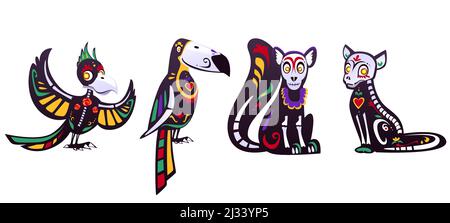 Day of the dead, Dia de los muertos, parrot, toucan, lemur, cat skulls and skeleton decorated with colorful Mexican elements and flowers. Fiesta, Hall Stock Vector