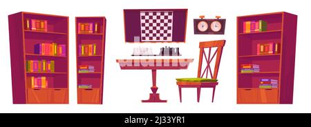 Chess club interior with board, pieces and clock. Vector cartoon set of furniture for playing chess, table, chairs, bookcases with books and checkerbo Stock Vector
