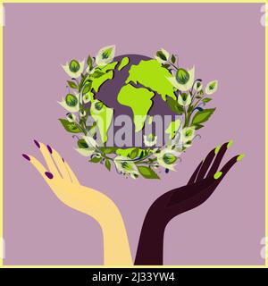 Different race hands holding globe. Earth day concept. Saving the planet together. Globe framed by a floral wreath. Modern colorful vector illustratio Stock Vector