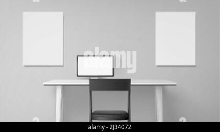 Room interior, workplace with desk, seat and computer on table. Empty office or home inner design monochrome colors, picture frames or posters mockup Stock Vector
