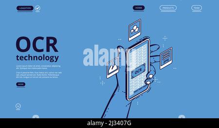 OCR technology banner. Optical character recognition service for scan and digitalisation information from paper document, image and handwritten text. Stock Vector