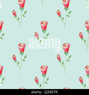 Pink roses hand drawn on a light green background. Seamless vector floral pattern. Pink branches with rose buds on a green background. Stock Vector