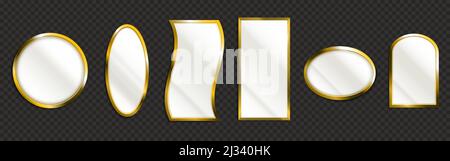 Blank golden frames isolated on transparent background. Empty borders for mirror, photo or picture, home, museum or office decor, mockup for exhibitio Stock Vector