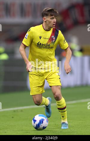 Milan, Italy, 4th April 2022. Aaron Hickey of Bologna FC during the Serie A match at Giuseppe Meazza, Milan. Picture credit should read: Jonathan Moscrop / Sportimage Stock Photo