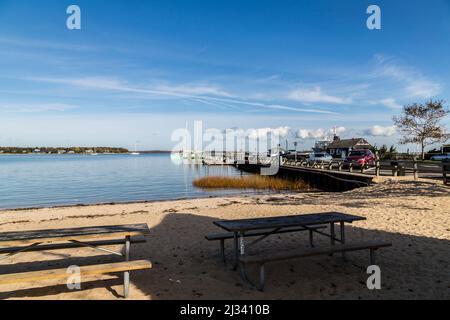 SAG HARBOR, USA - OCT 27, 2015: scenic view to beach and harbor of Sag Harbor in afternoon light Stock Photo