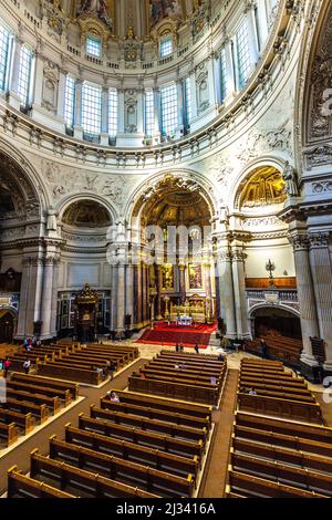 BERLIN, GERMANY - MAY 2, 2016:  people visit the Berliner Dom from inside. the dome is the biggest church in Berlin and the center of protestand relig Stock Photo