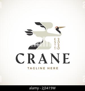Abstract Crane Bird Vector Sign, Symbol, Logo Template. Geometry Flying Stork Minimalist Style Silhouette with Typography. Oriental Heron Illustration Stock Vector