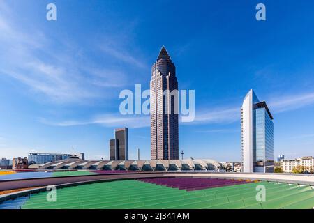 FRANKFURT AM MAIN, GERMANY - MAY 6, 2016: The Trade Fair Tower Messeturm and the Marriott hotel next to Frankfurt Trade Fair Grounds seen from the roo Stock Photo