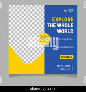 Traveling social media post banner template design, Tour travel holiday tourism marketing social media post Stock Vector