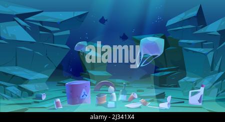 Plastic garbage on ocean bottom. Sea floor with different kinds of trash. Toxic wastes in barrel, bags floating in water. Ecology protection, underwat Stock Vector
